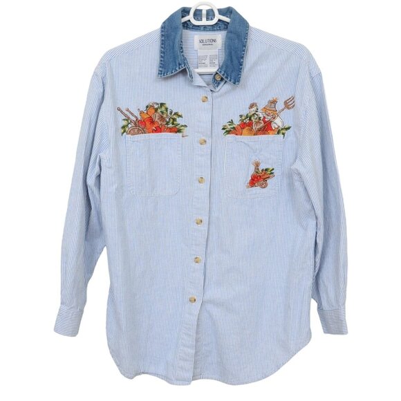 VTG 90s Pumpkins Scarecrows! Embroidered Pinstripe Women's Button Cotton Shirt M - Picture 1 of 7